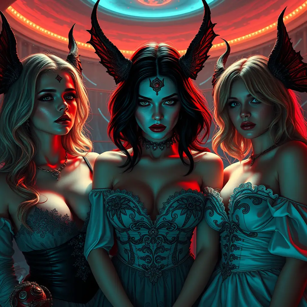 Surreal women in a darkly humorous macabre utopian landscape