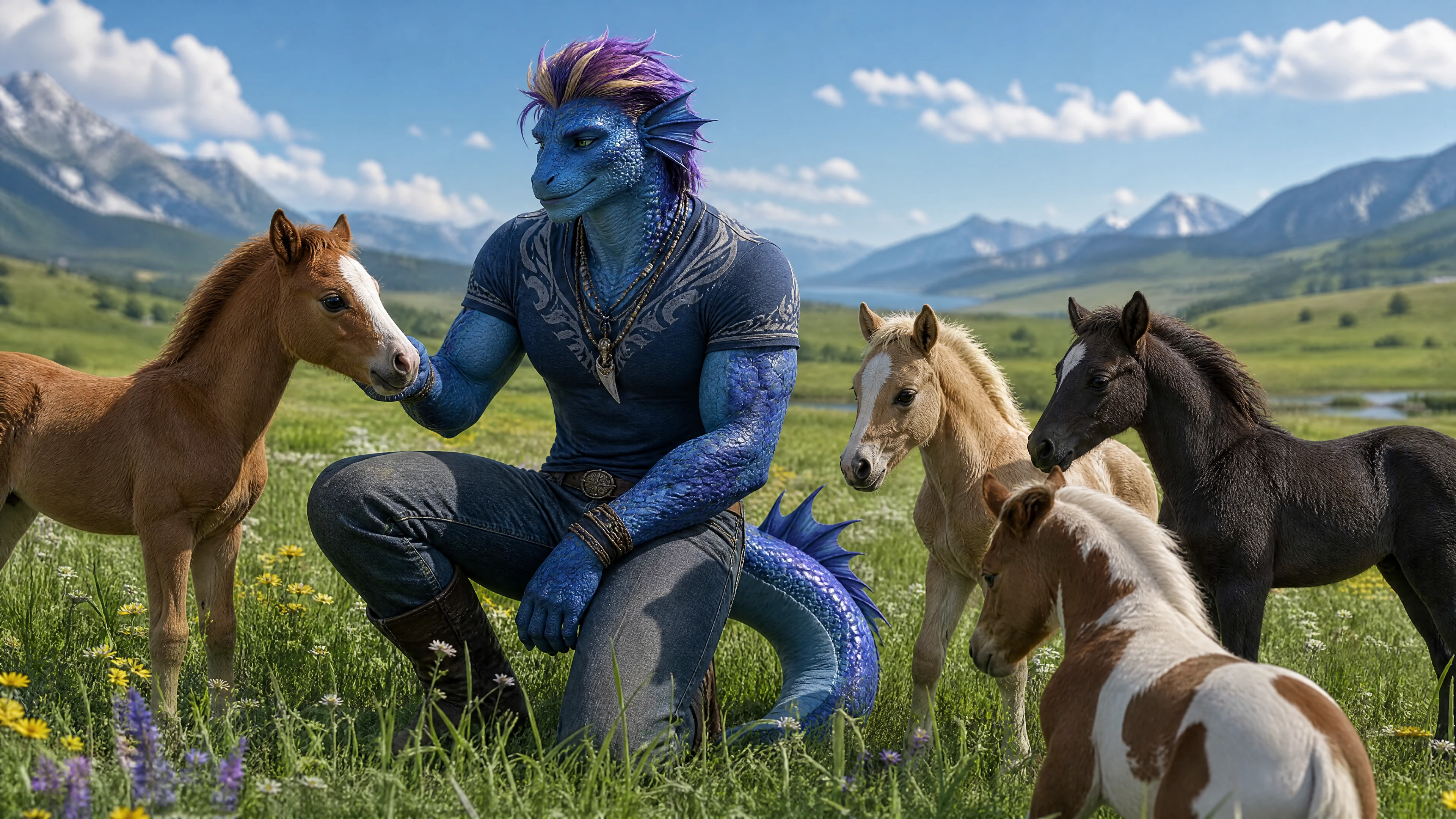 Anthro leviathan playing with foals on open grassland