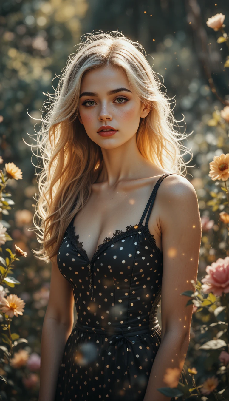 Surreal double exposure portrait of a blond girl in garden