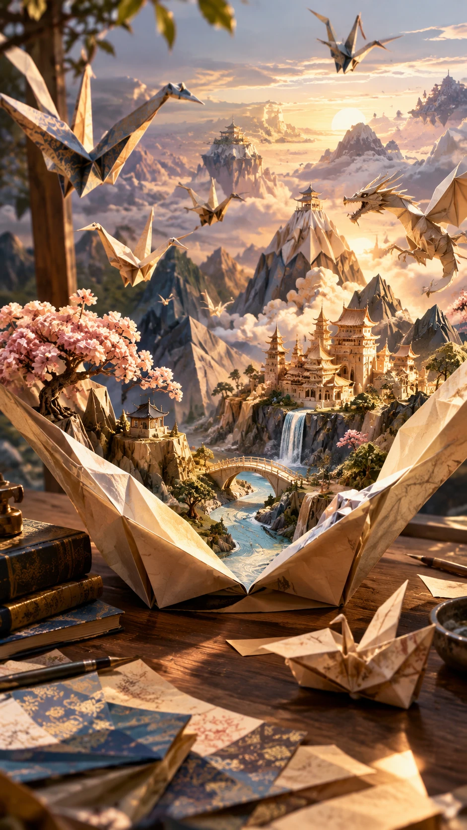Mystical origami realms unfolding into a fantasy world