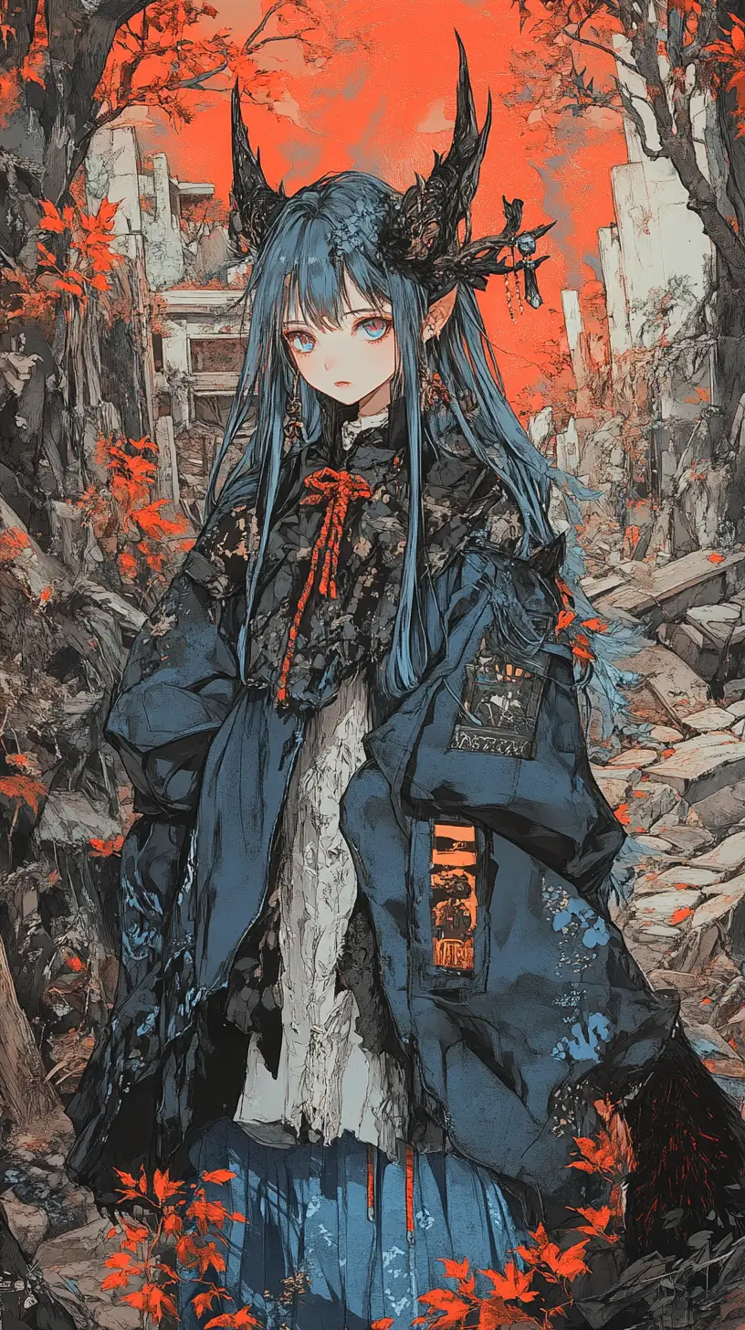 Anime girl in ruined forest path under crimson sky