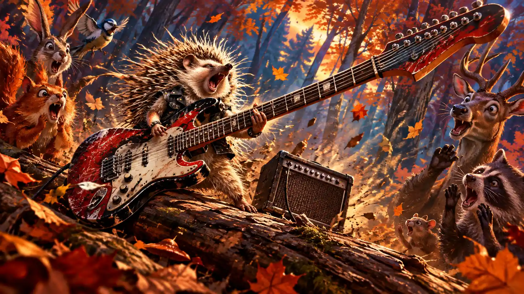 Pequeno Ouriço Guitarrista de Rock se Apresentando na Floresta