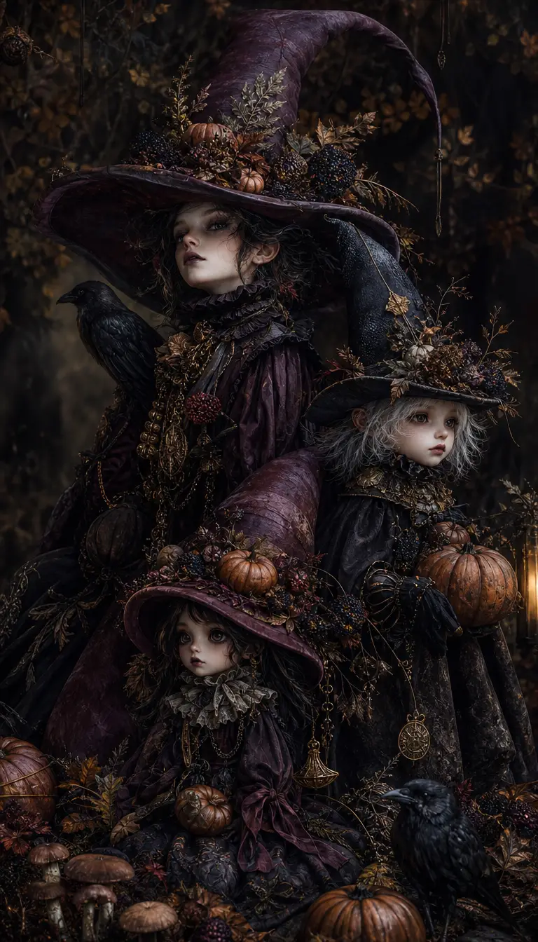 Whimsical Gothic Forest Spirits In Autumn Enchanted Woods