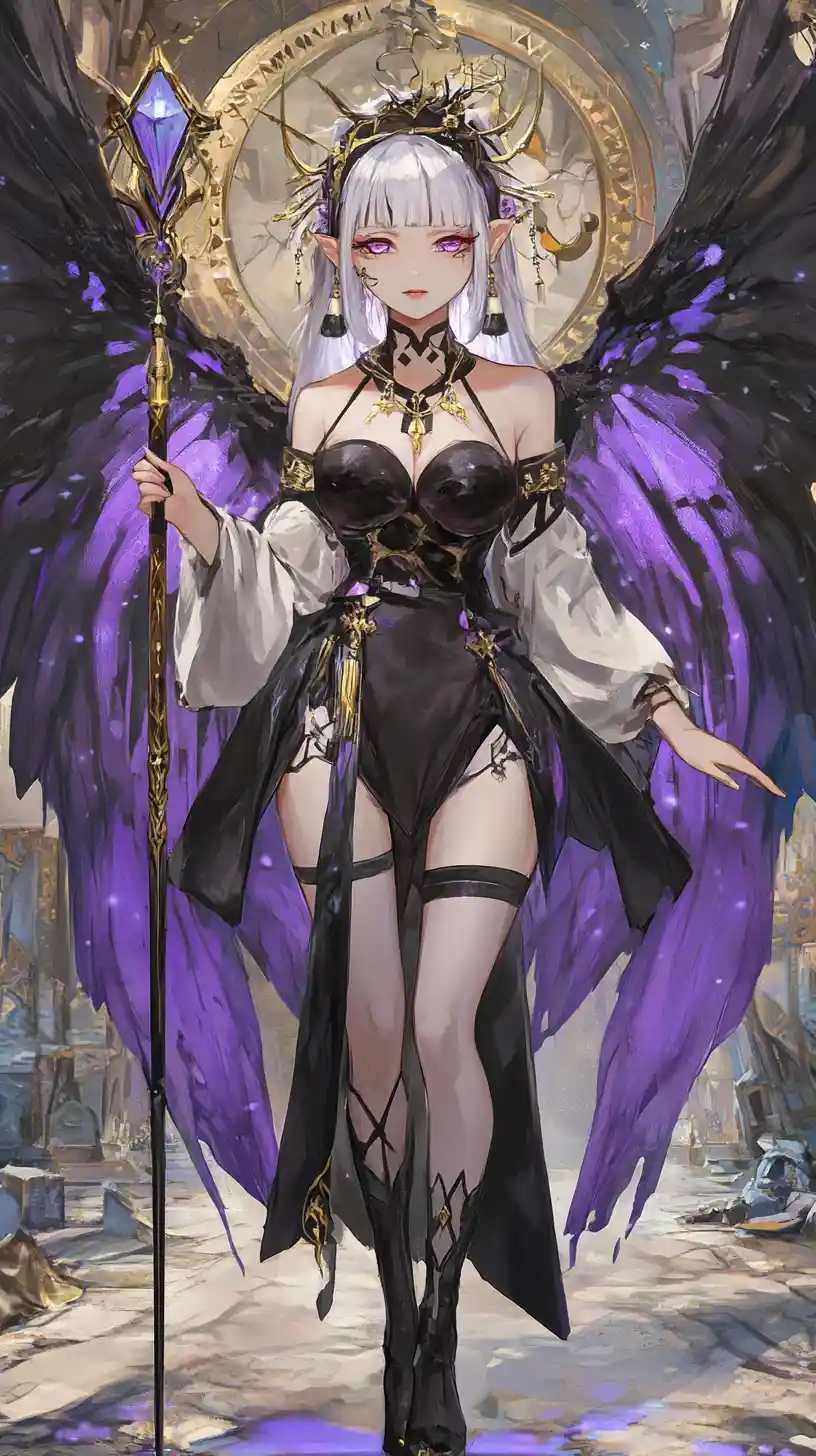 Serious anime girl in black and purple chinese dress