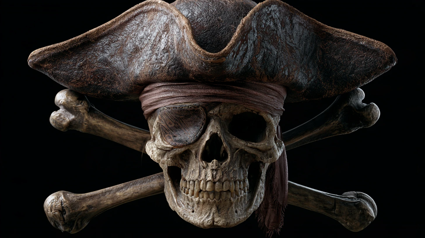 3D jolly roger skull with eyepatch on black background
