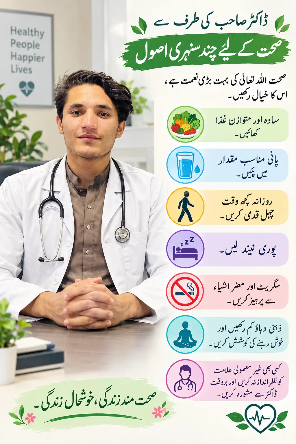 Póster de consejos de salud en urdu con iconos simples de estilo de vida