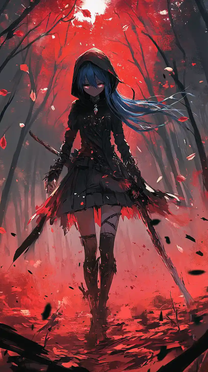 Anime-Mädchen im zerstörten Wald unter blutrotem Himmel