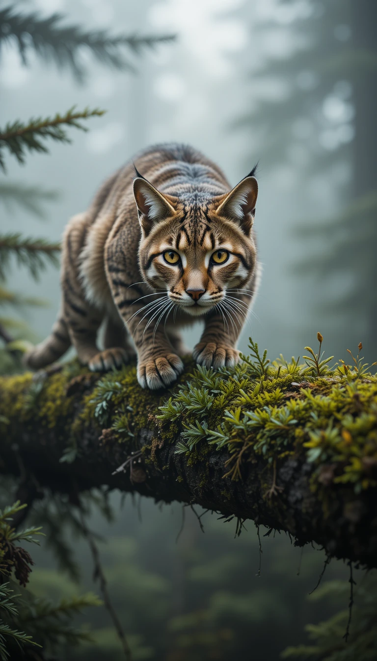 Bobcat poised on mossy branch in misty forest