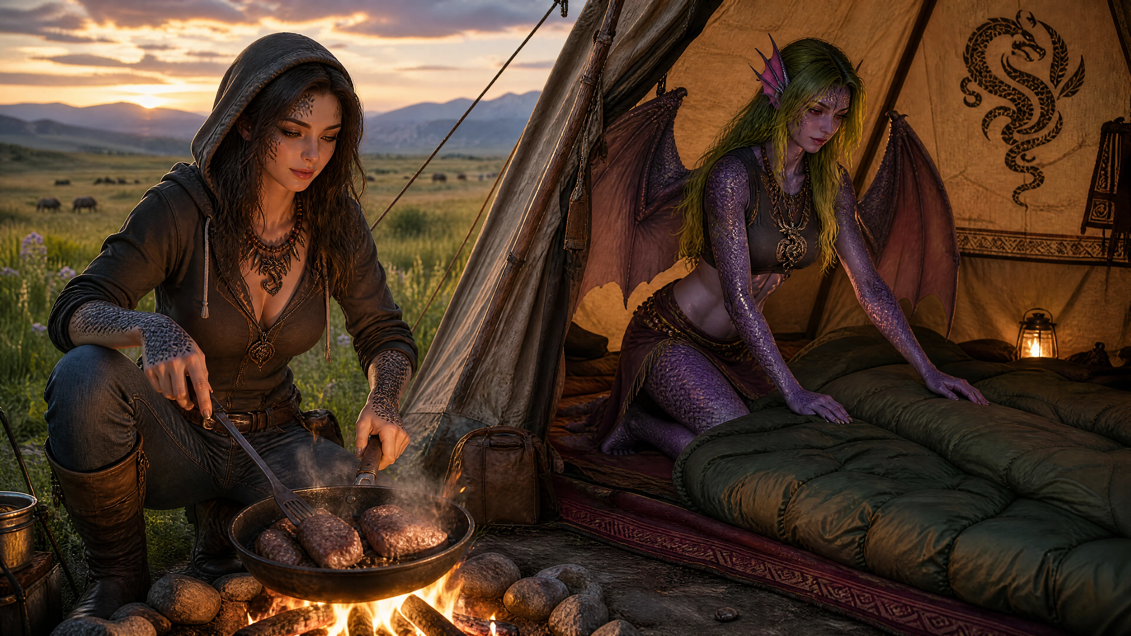 Mujeres de fantasía acampando y cocinando a la hoguera en la pradera