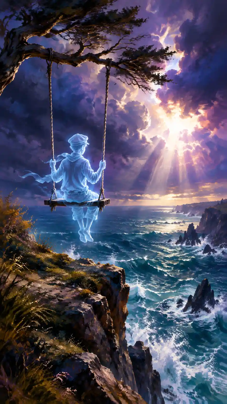Ghostly child on a lonely swing above stormy sea