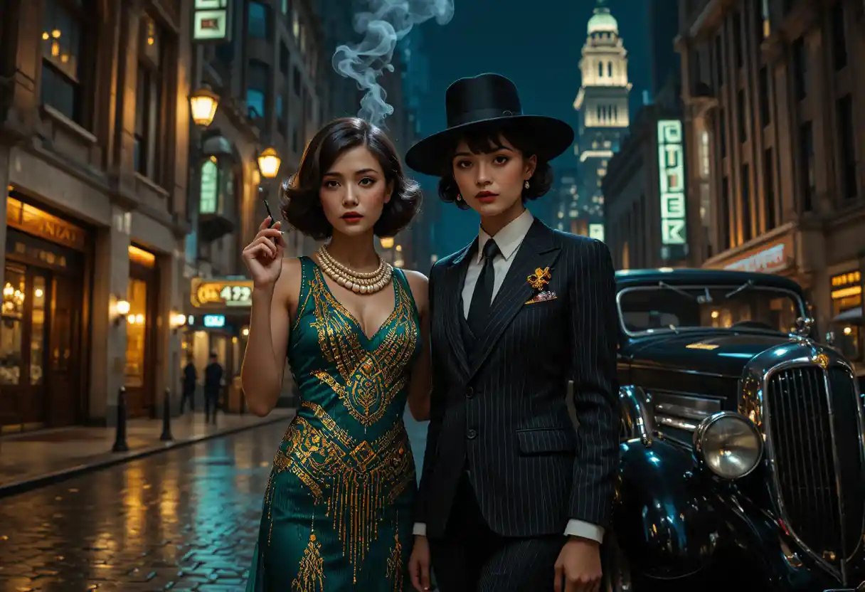 1920s art deco women on a noir city street