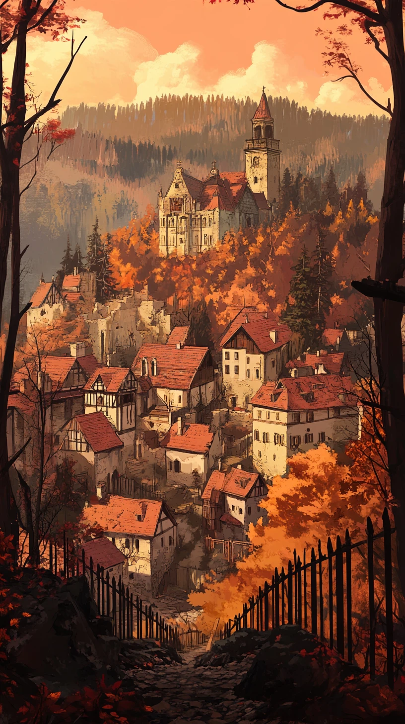 Anime village with red brick road and wooden houses