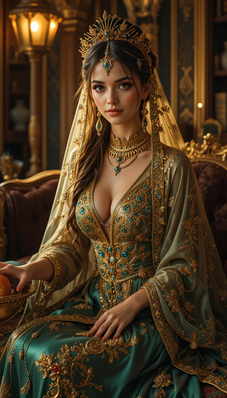 Golden clad Turkish noblewoman in an opulent palace chamber