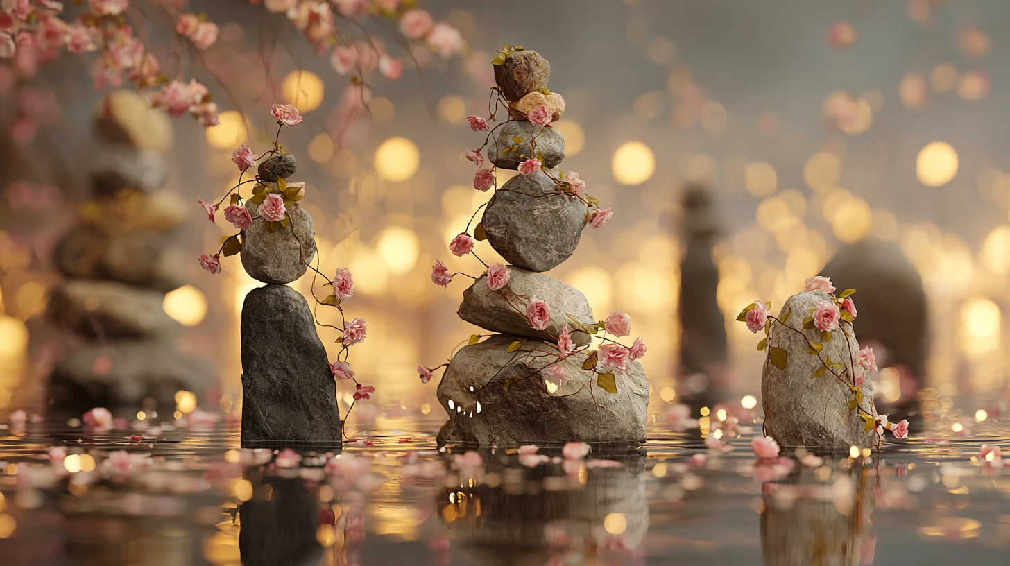 Balancing stone sculptures over water with floating petals