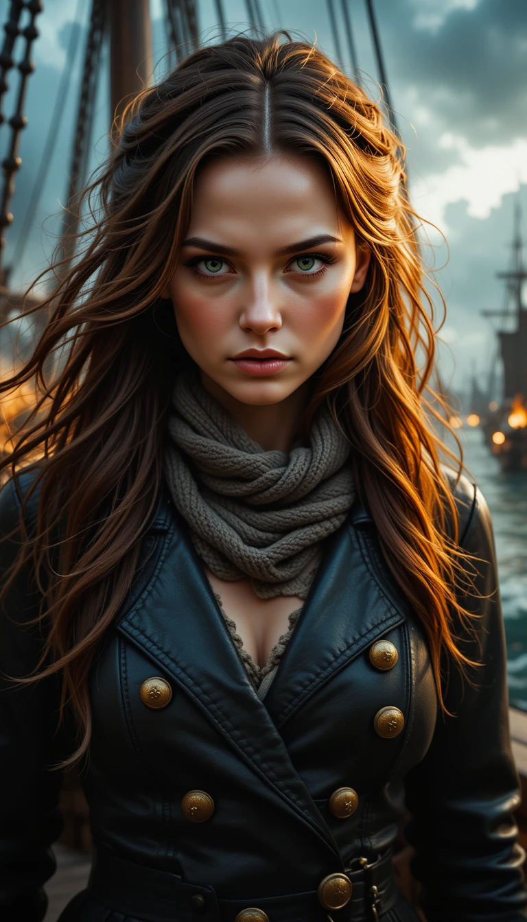 Defiant pirate woman on burning ship in cinematic close up