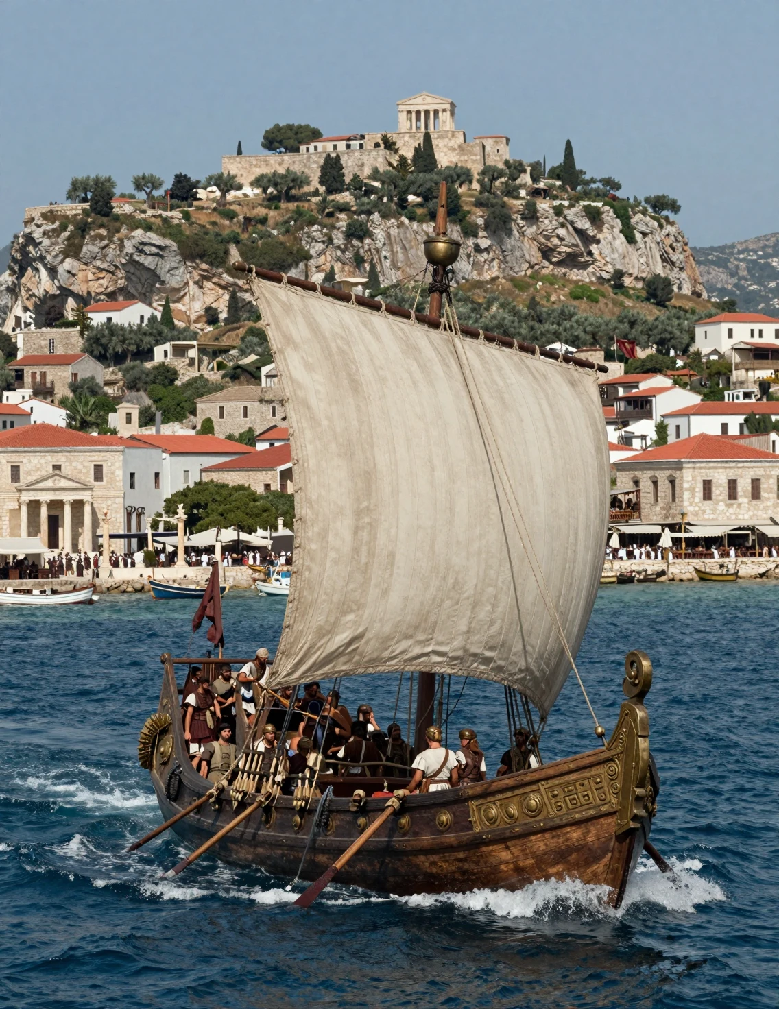 Ancient Roman trireme sailing along a bright Mediterranean coast