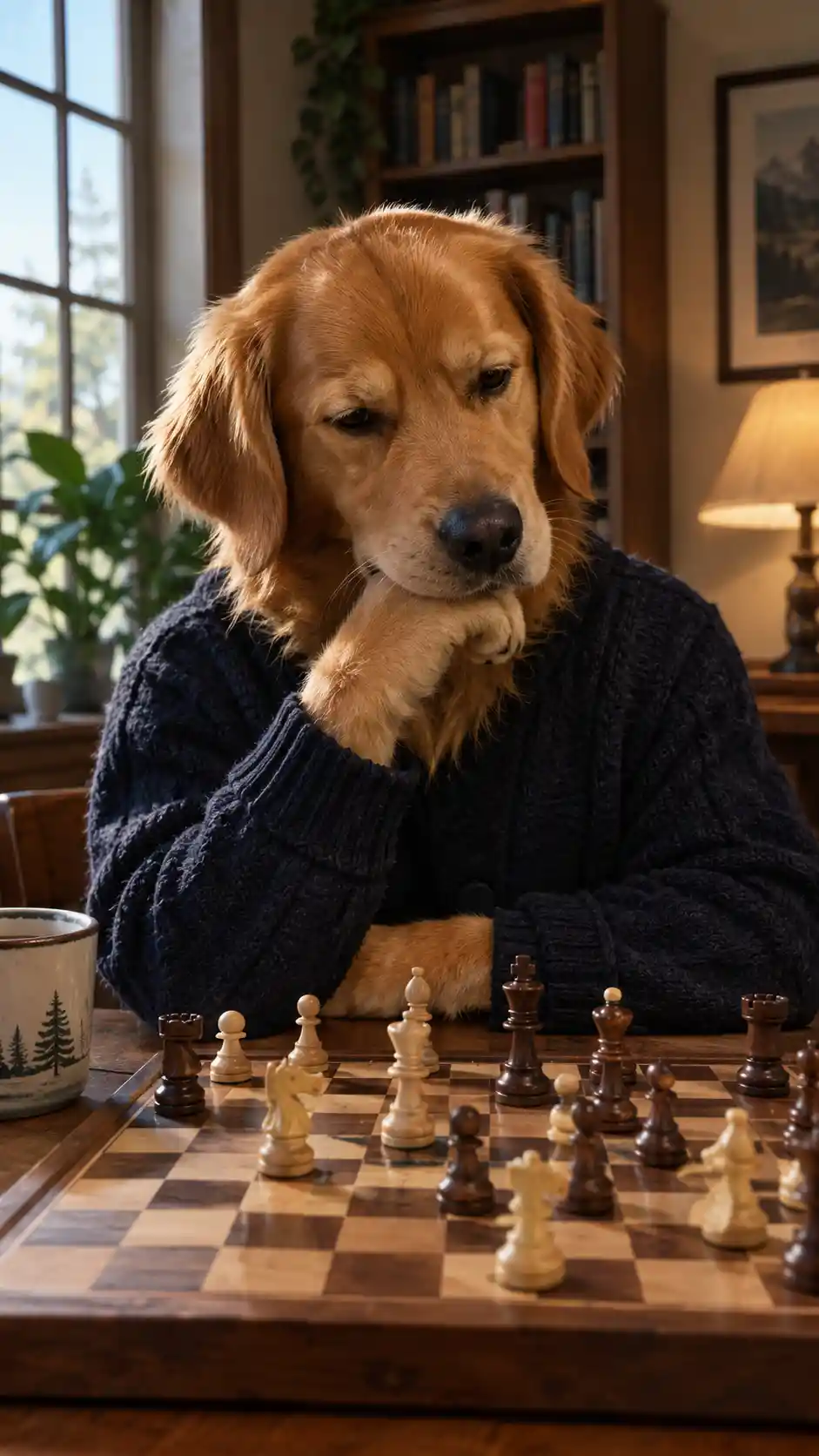 Anthropomorpher Hund, der über den nächsten Zug am Schachtisch nachdenkt