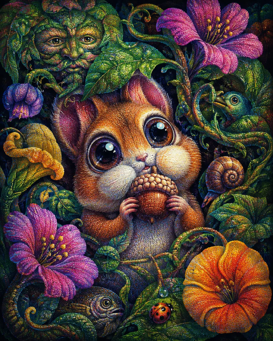 Whimsical cartoon animal with huge eyes in lush foliage