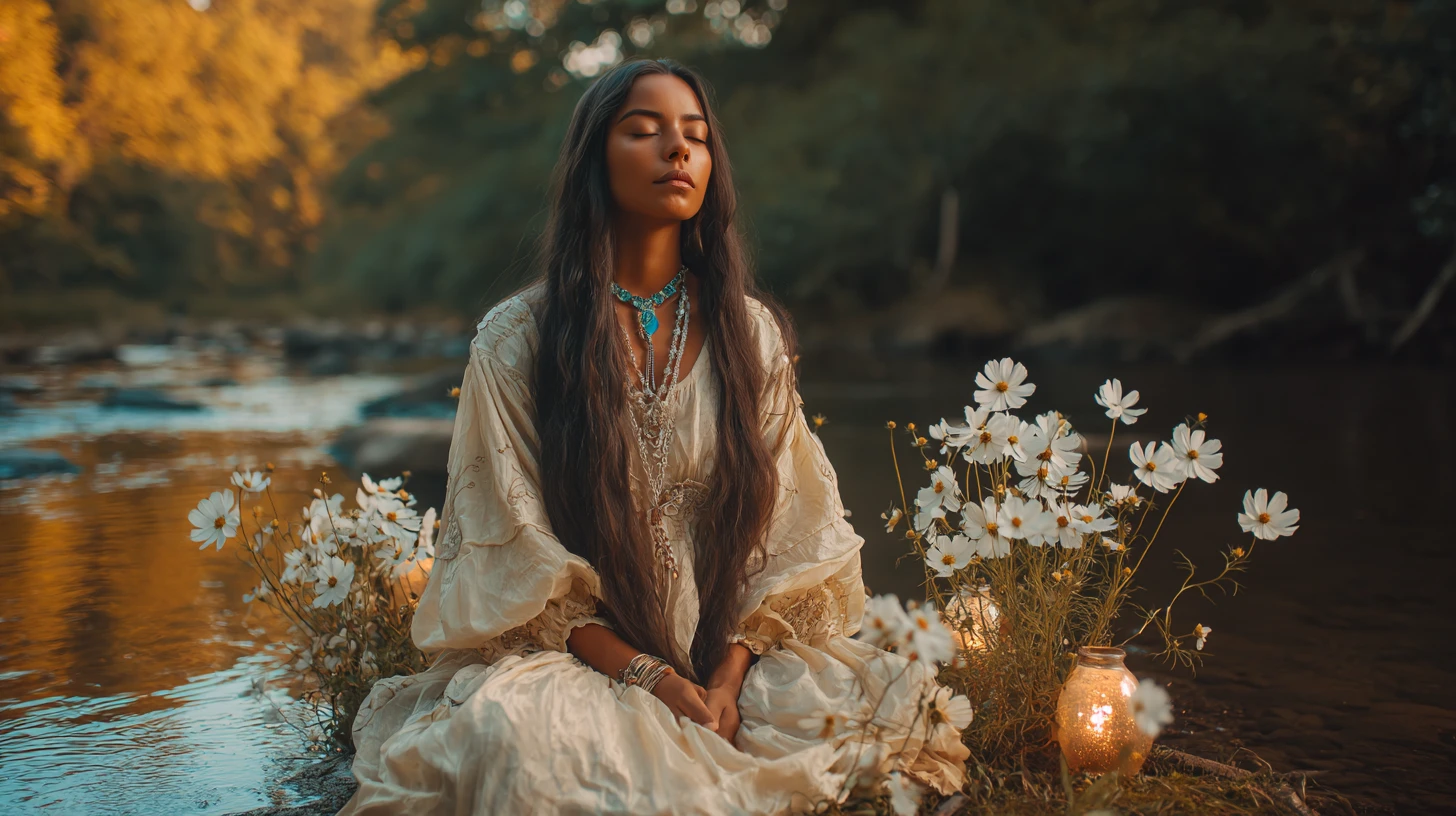 Mujer nativa en paz descansando junto a un río boscoso iluminado por el sol