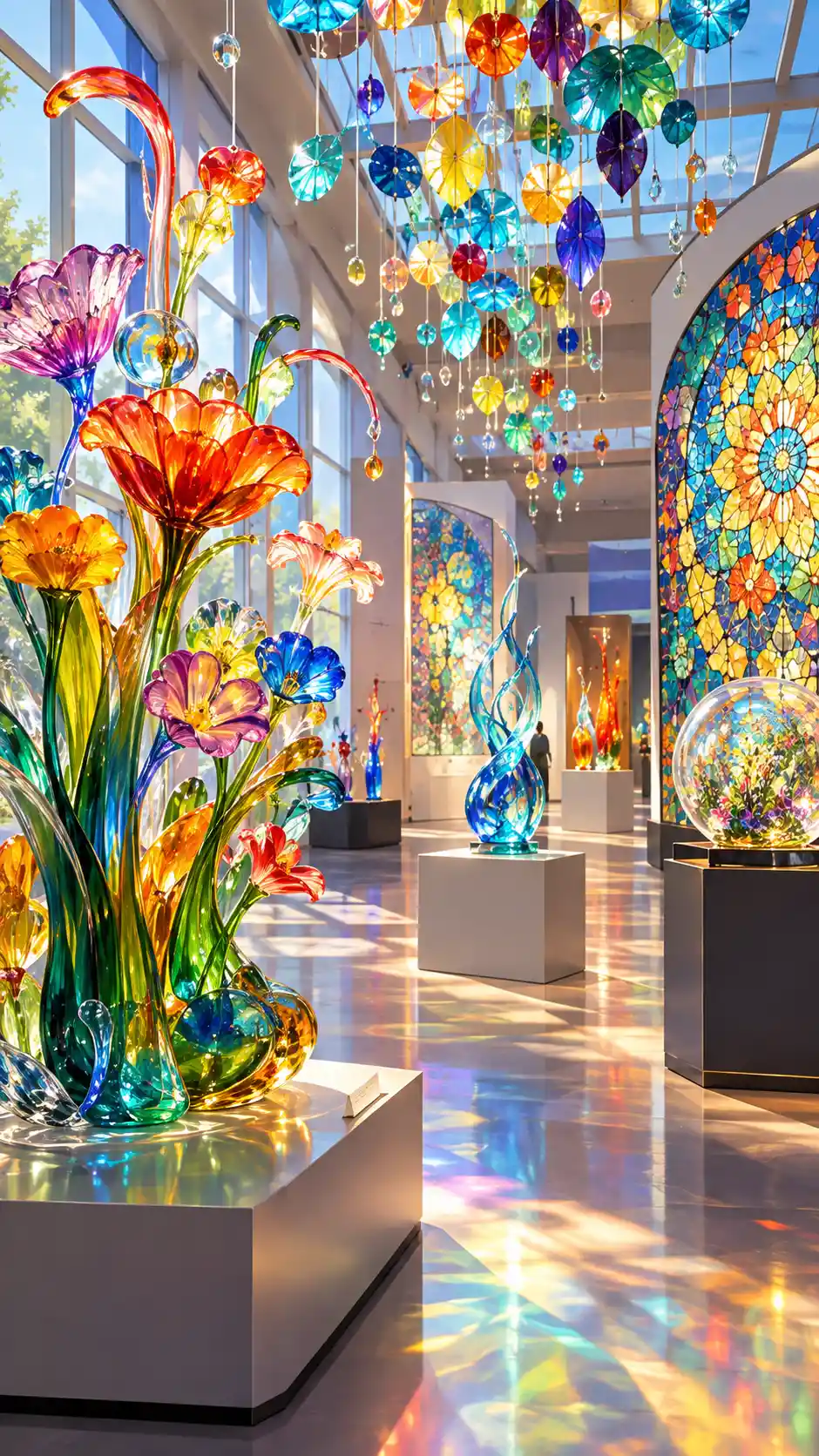 Sculptures colorées de jardin en verre dans une salle de musée lumineuse