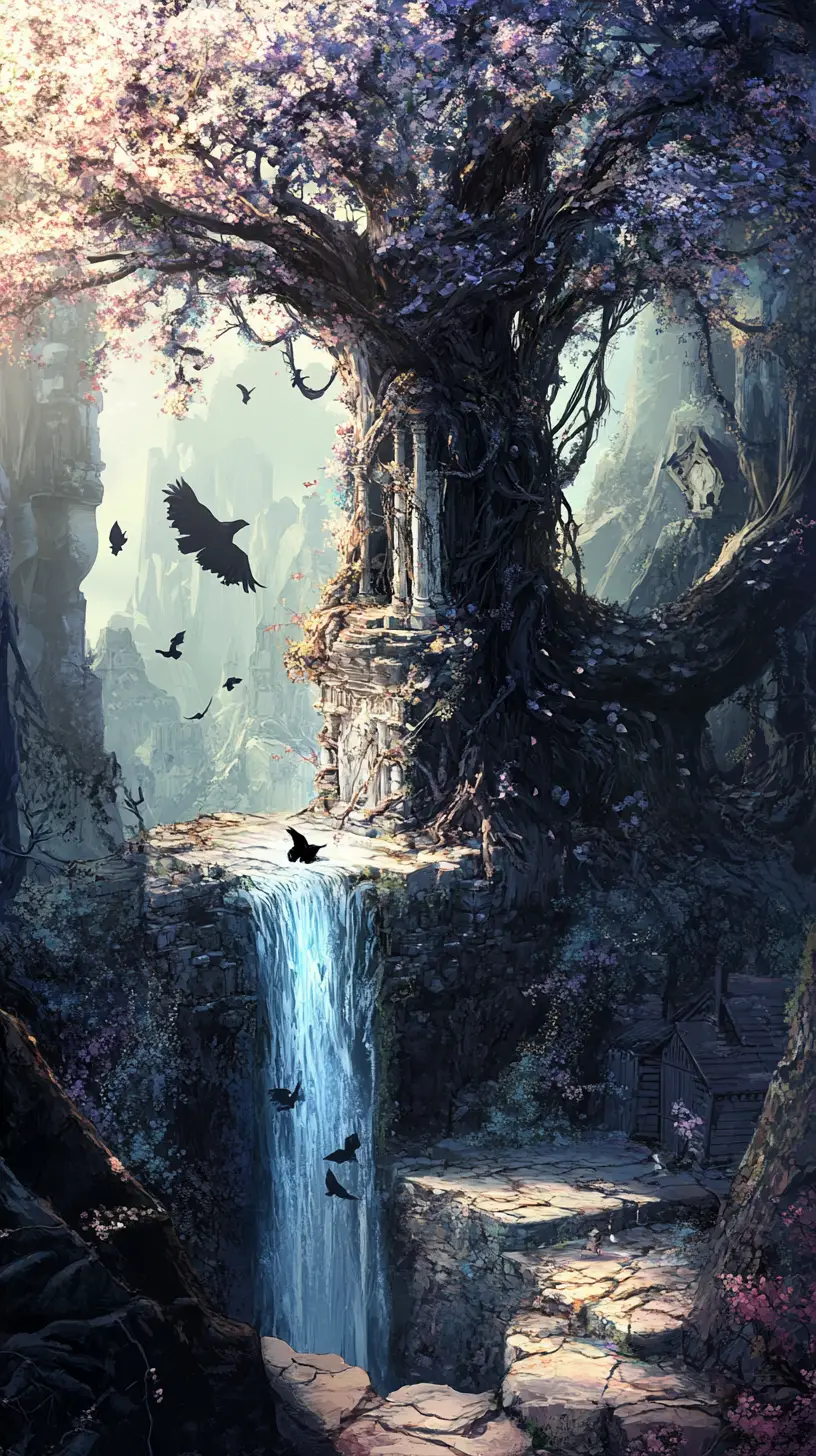 Arbre mort dans un canyon profond avec un petit sanctuaire en pierre