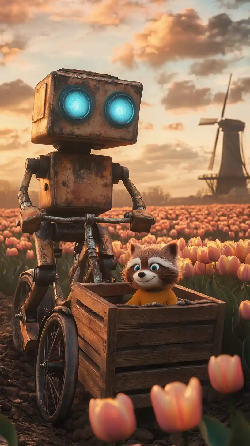 Rusty robot cycling through tulip fields at sunset
