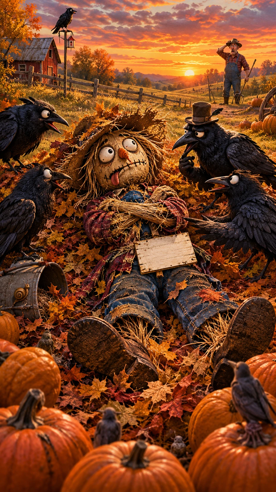 Exhausted scarecrow in autumn leaves facing a crow crowd