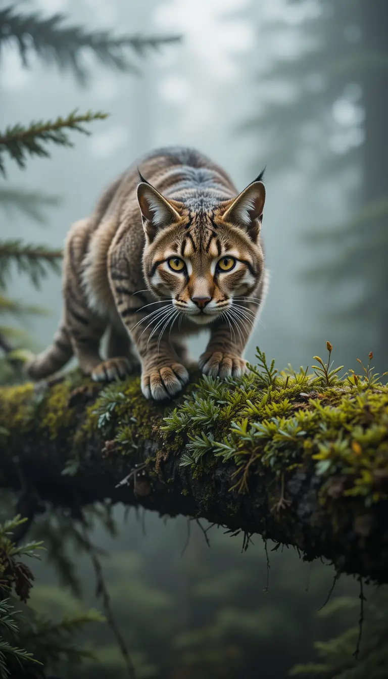 Bobcat poised on mossy branch in misty forest