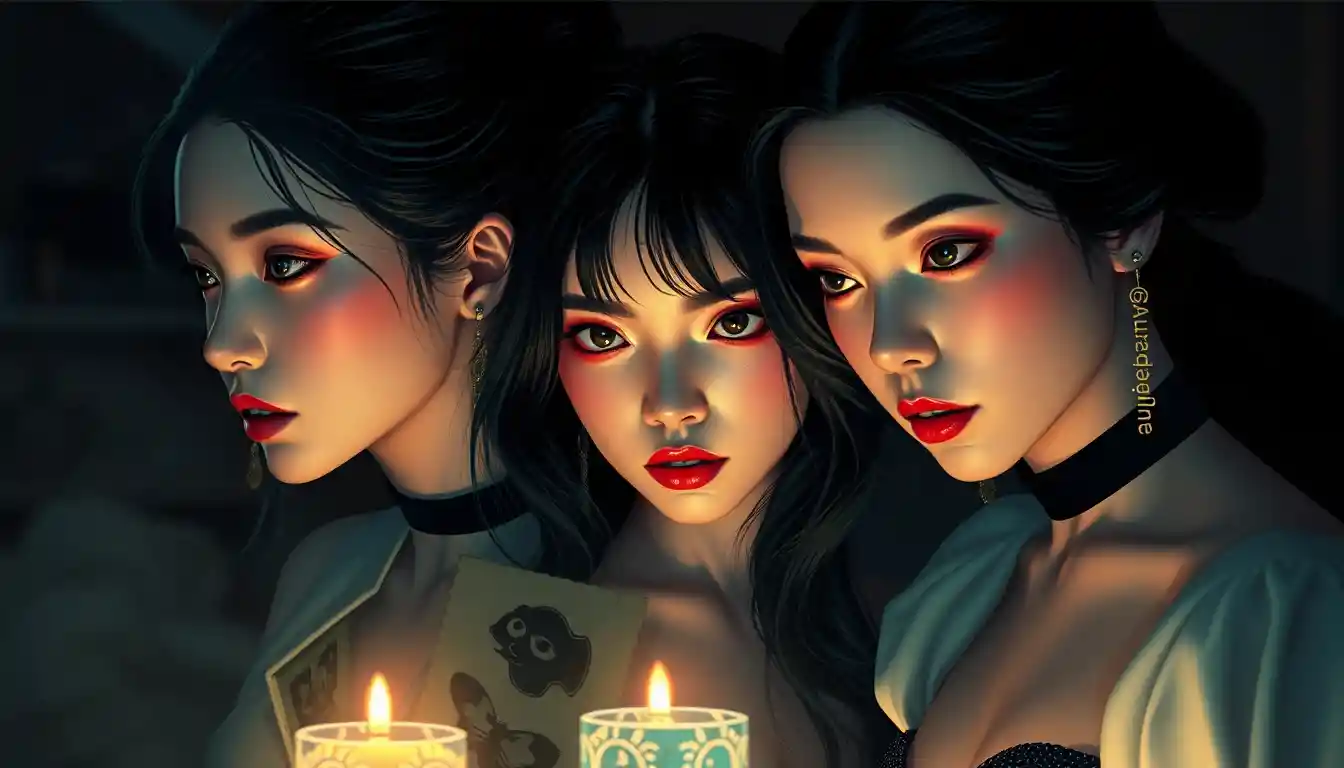 Three women in a dark surreal scene of playful intrigue