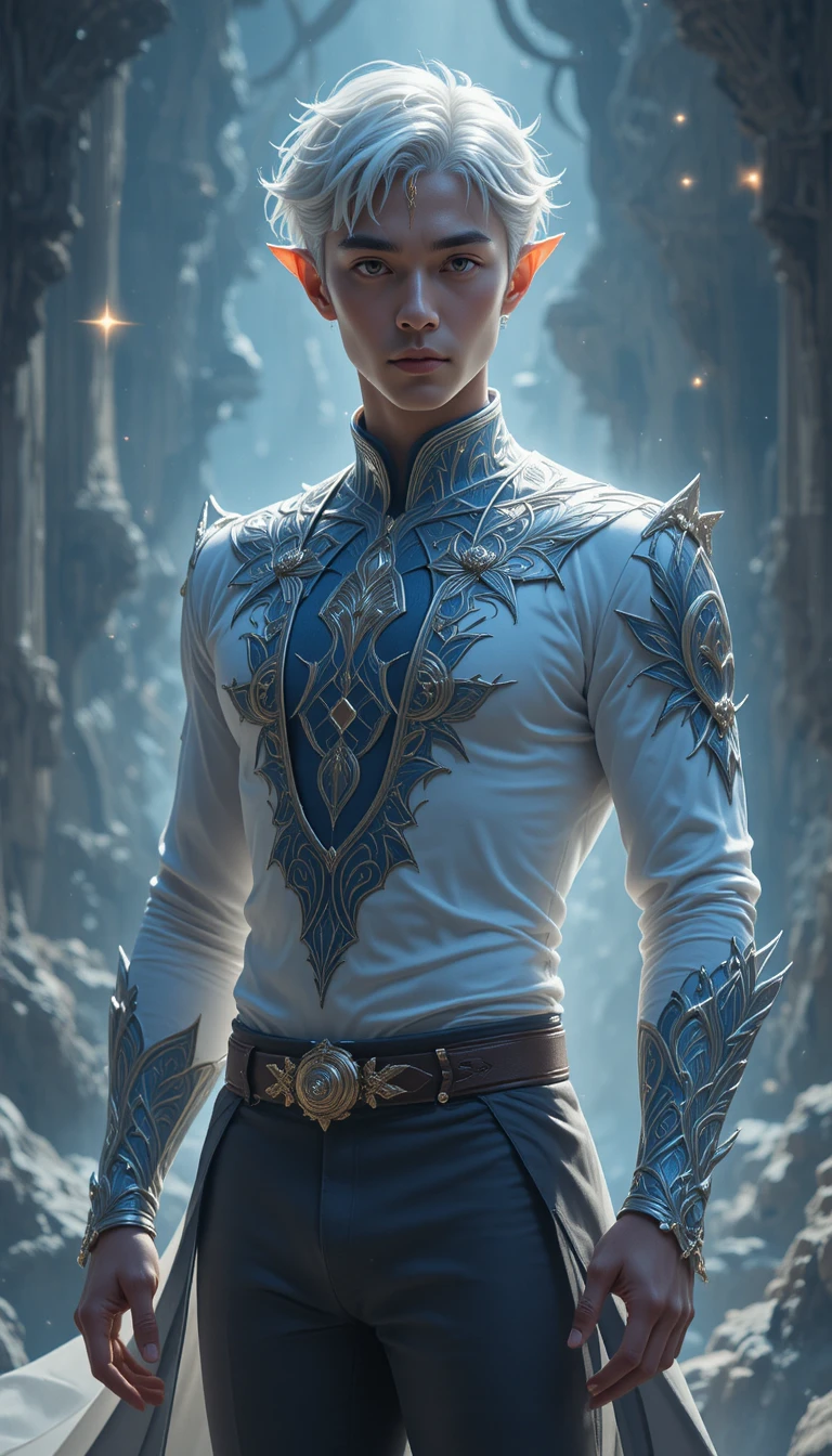 White haired anime man with eliatrope ears in tunic