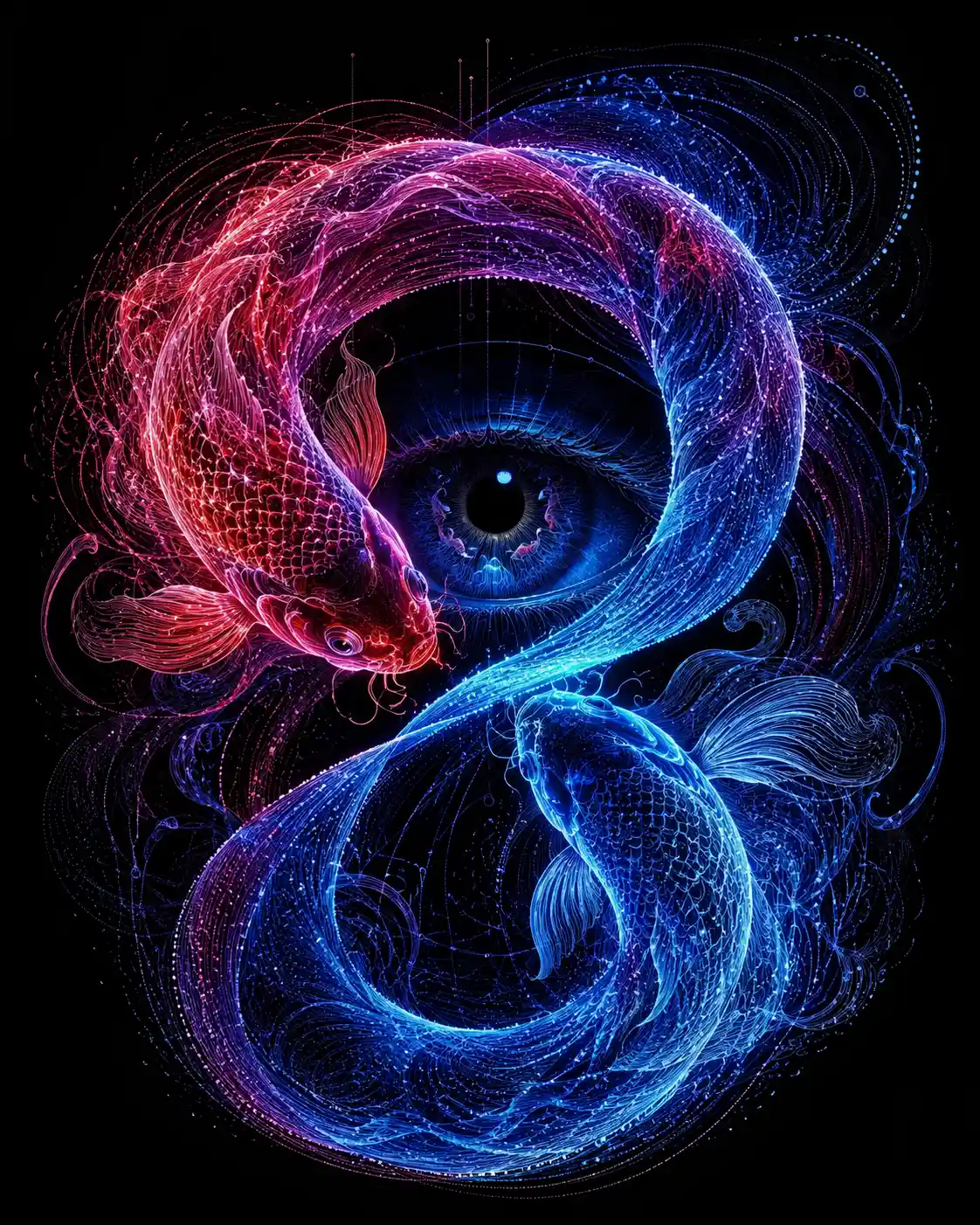 Two luminous koi forming a surreal circular loop