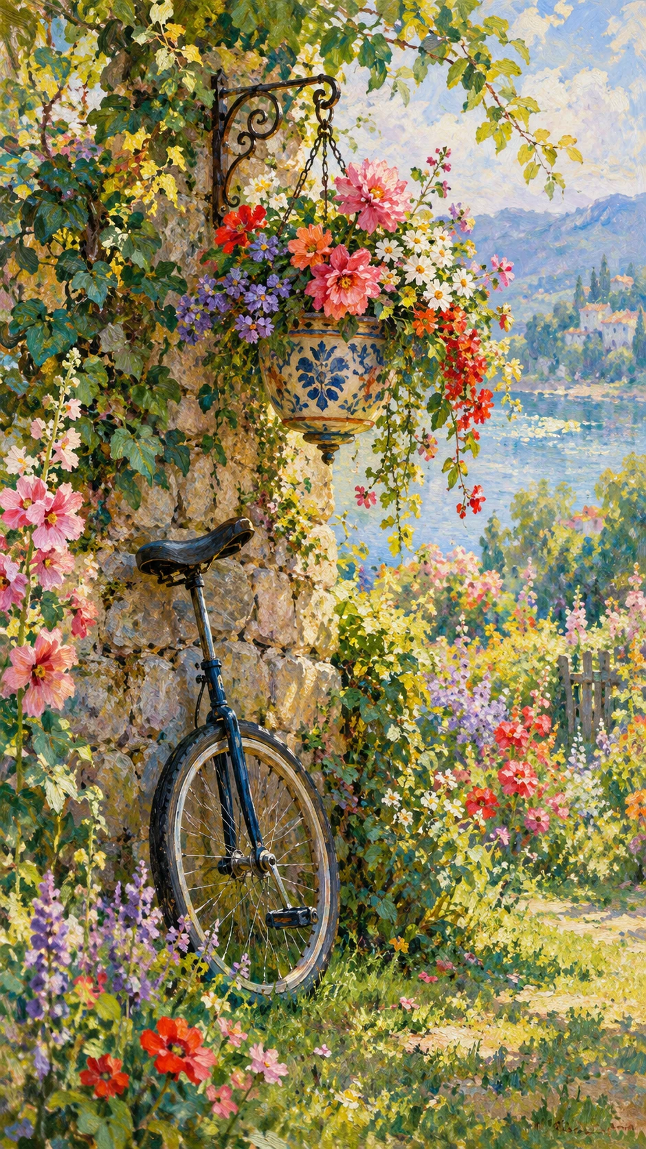 Unicycle By Stone Wall In Colorful Flower Garden