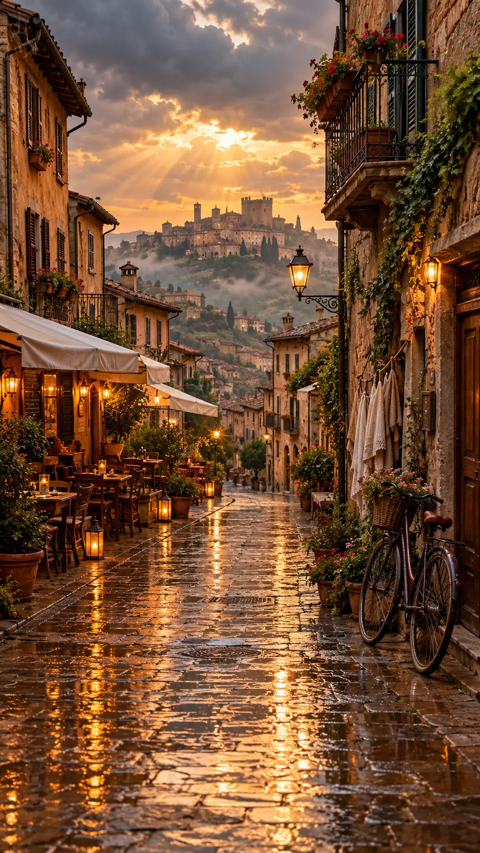 Sunlit Mediterranean village street after gentle evening rain