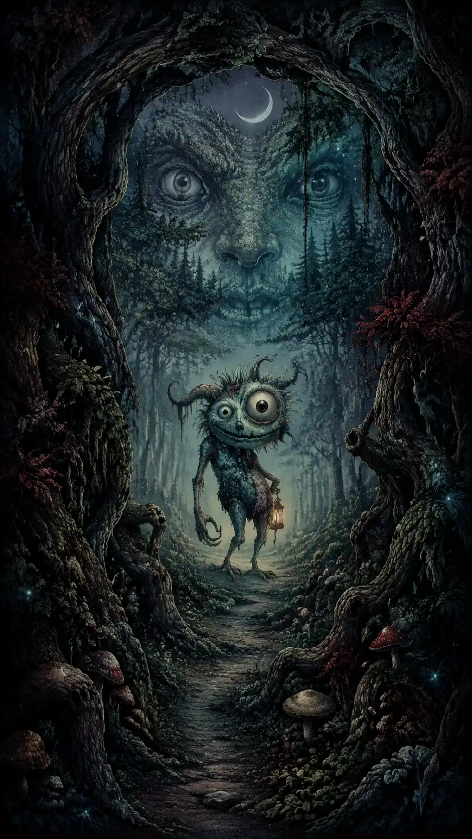 Mischievous one eyed forest creature on a winding path