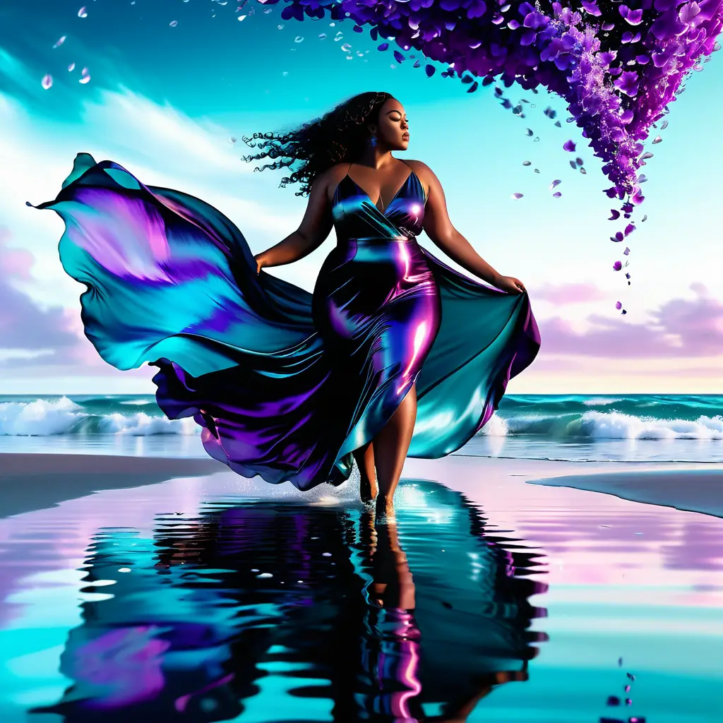 Plus size Black woman walking on surreal reflective ocean