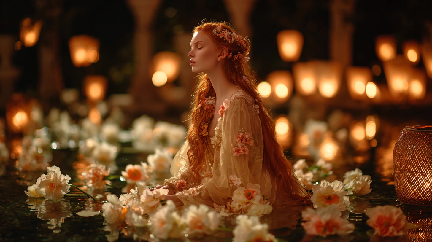 Red haired woman in water with floating white flowers