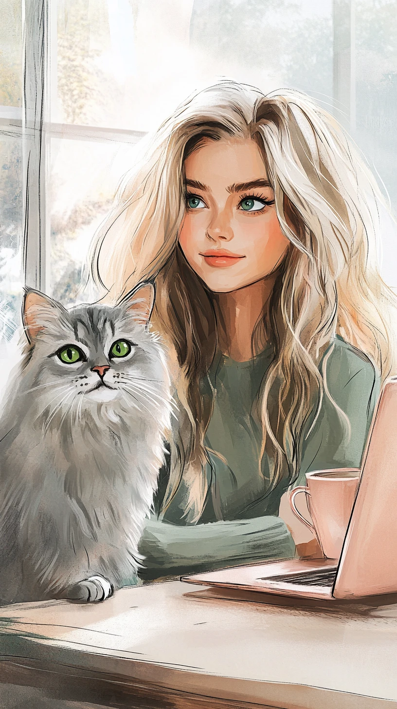 Young woman with cat working at a cozy home desk