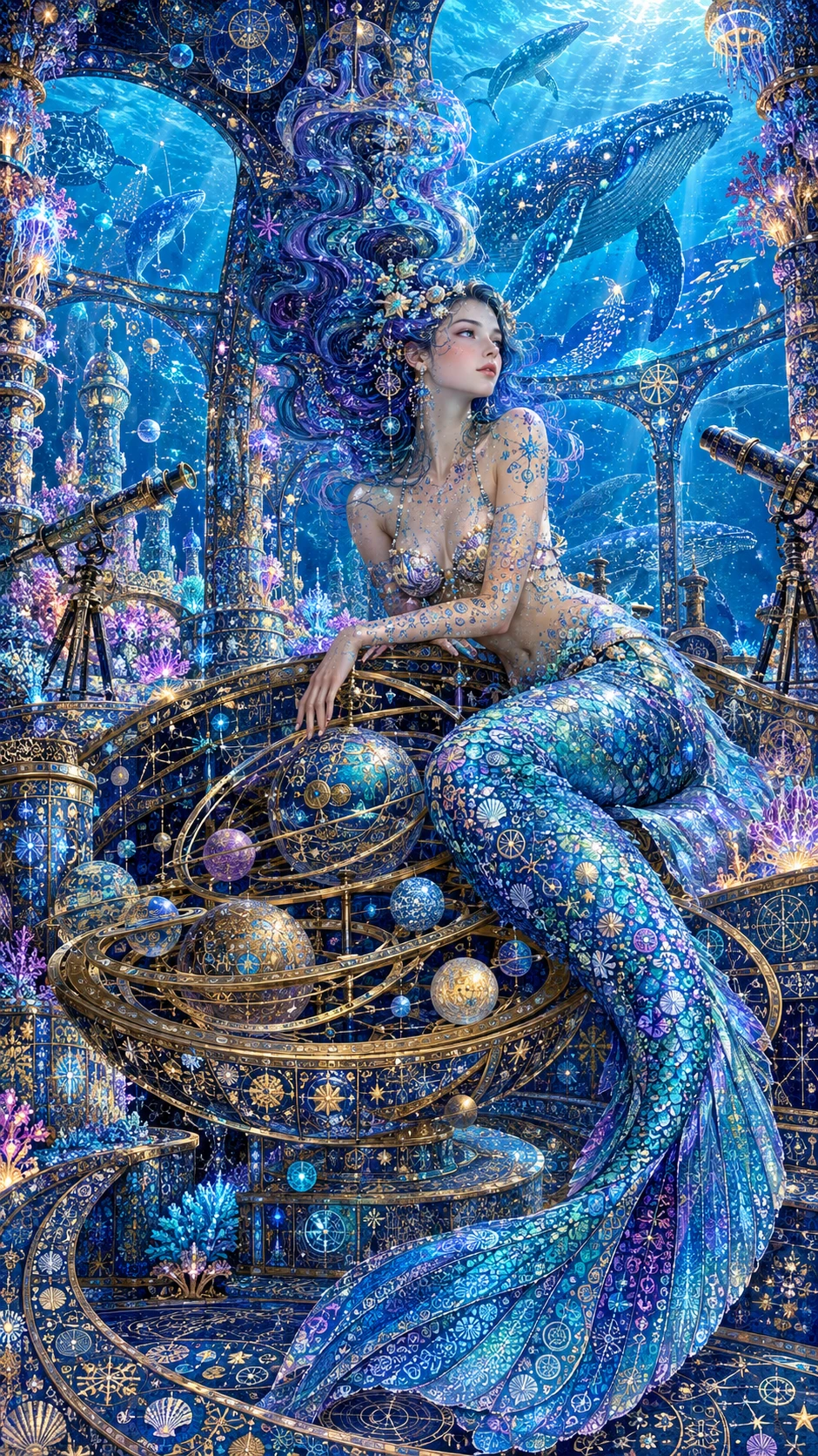 Mermaid In Underwater Observatory With Celestial Orrery