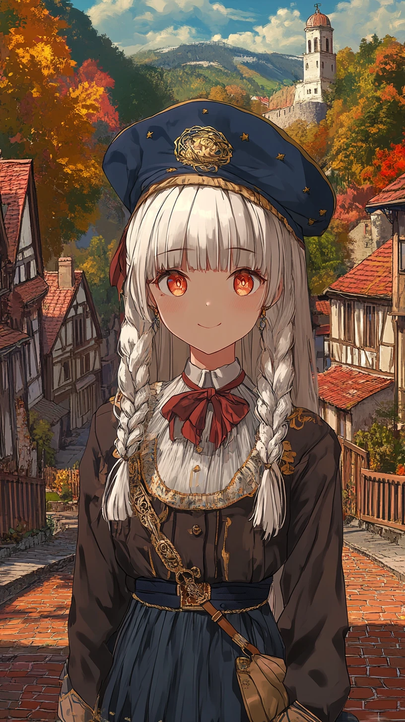 Anime-Mädchen auf roter Ziegelstraße in osteuropäischem Dorf