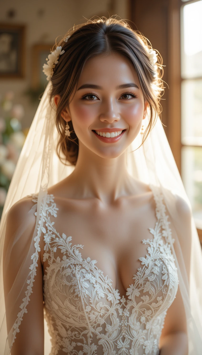 Novia alegre en retrato en primer plano el día de su boda