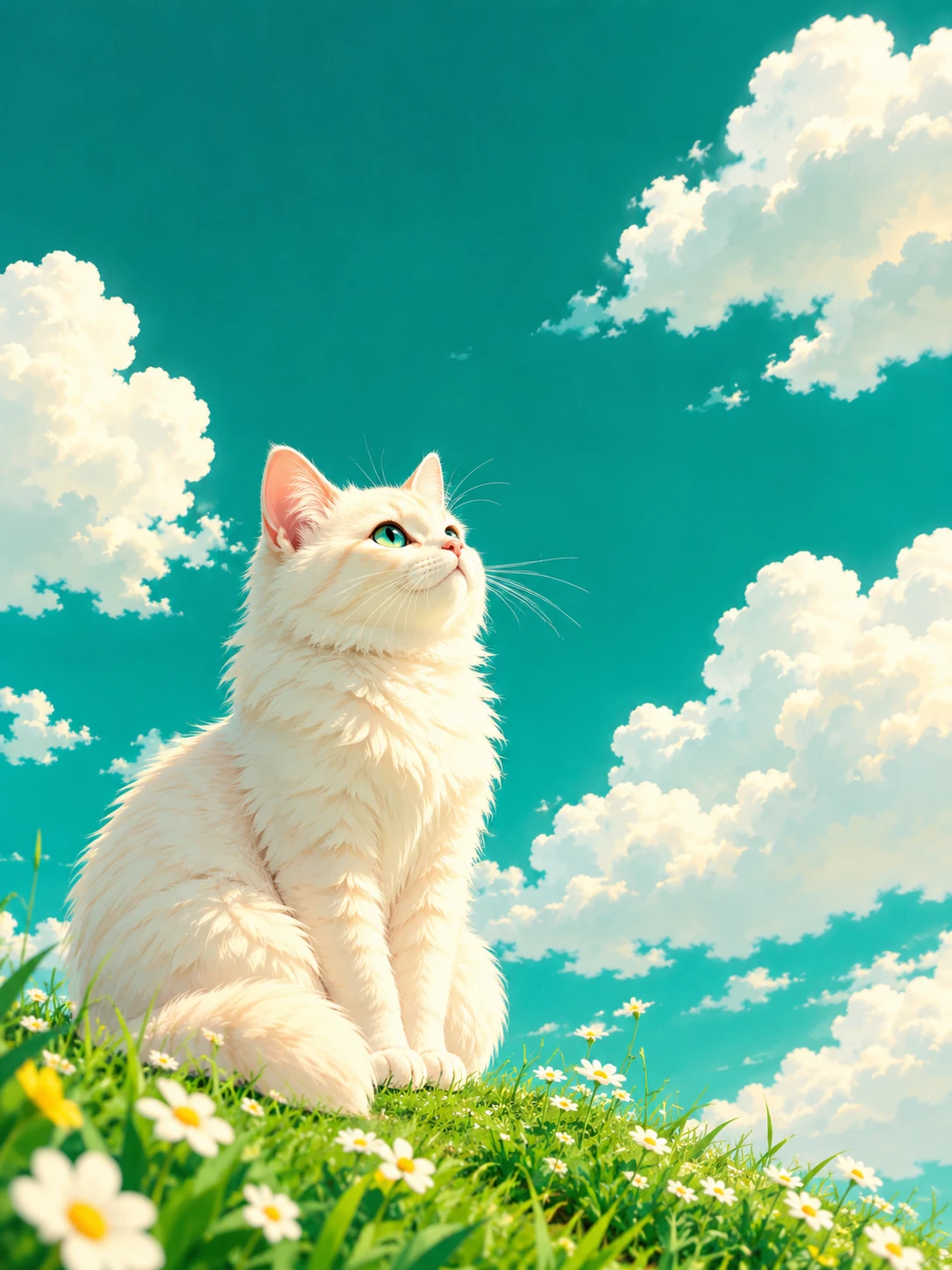 Chat crème tout doux regardant les nuages dans un ciel pastel