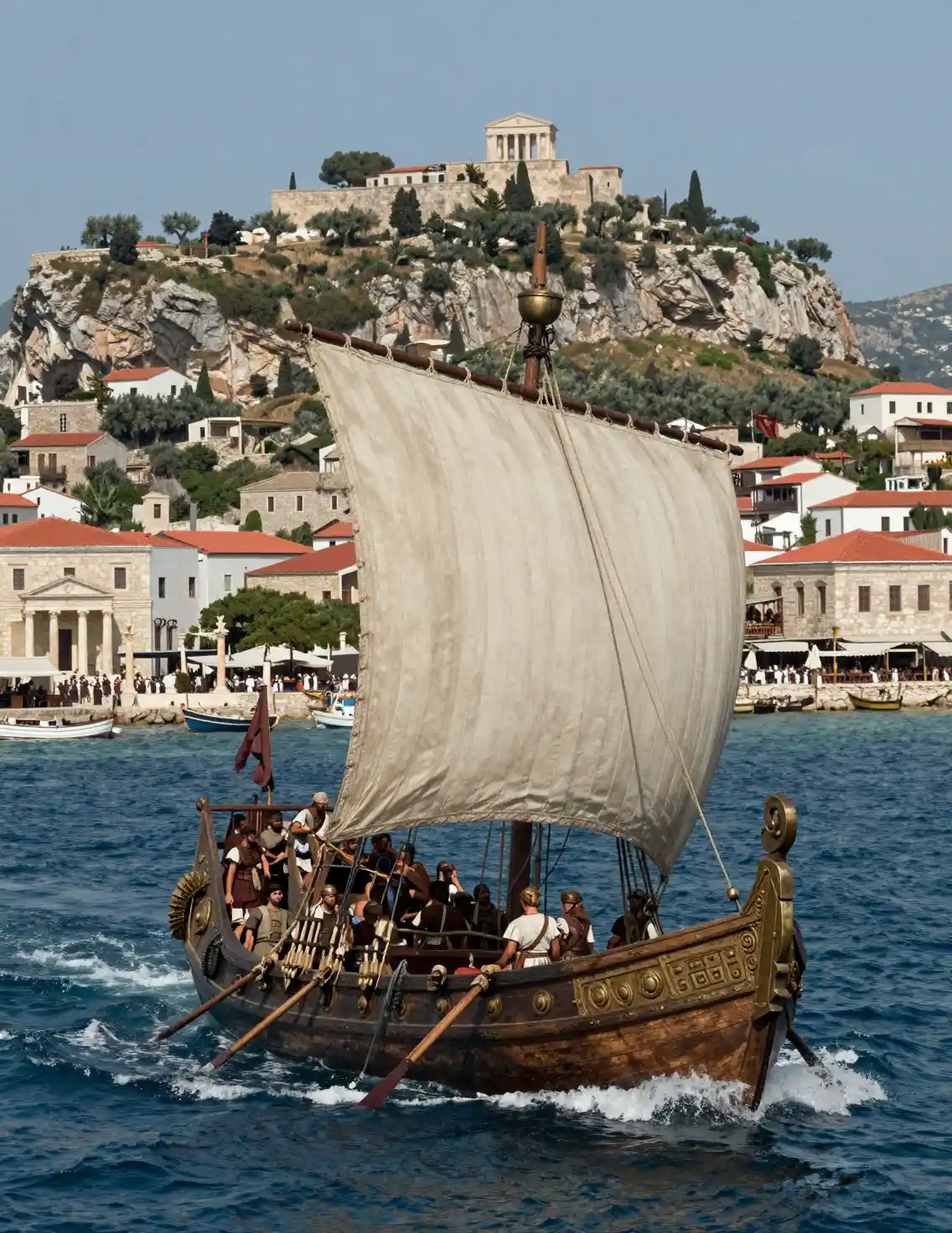 Ancient Roman trireme sailing along a bright Mediterranean coast