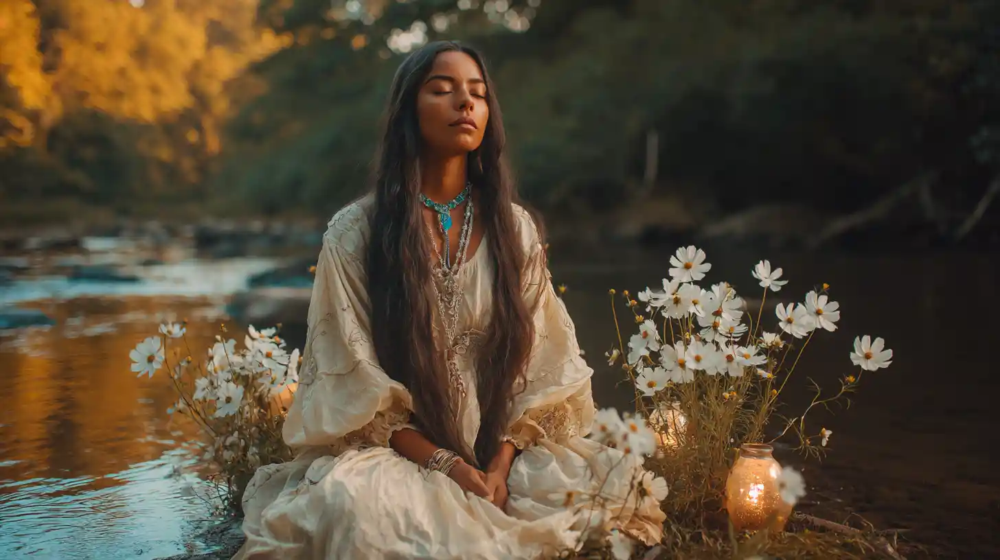 Mujer nativa en paz descansando junto a un río boscoso iluminado por el sol