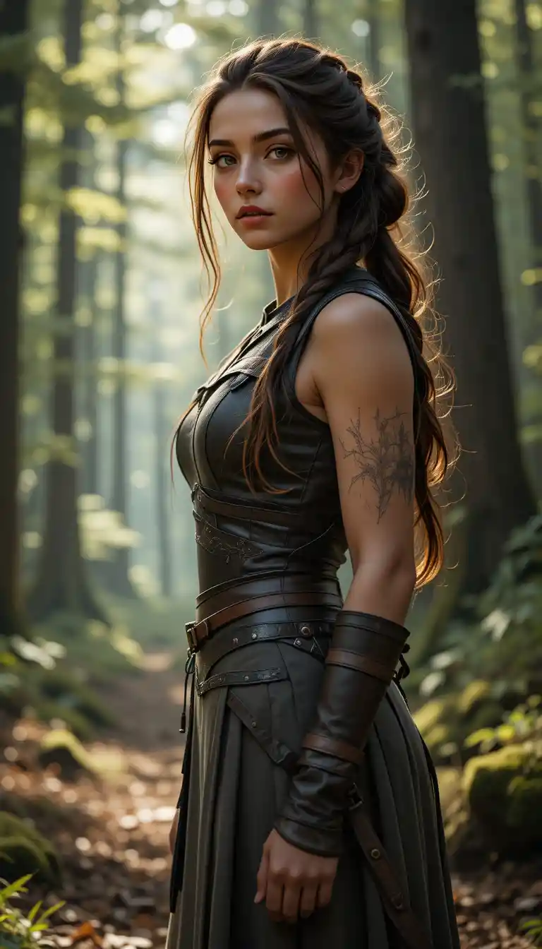 Confident forest warrior woman in leather armor portrait