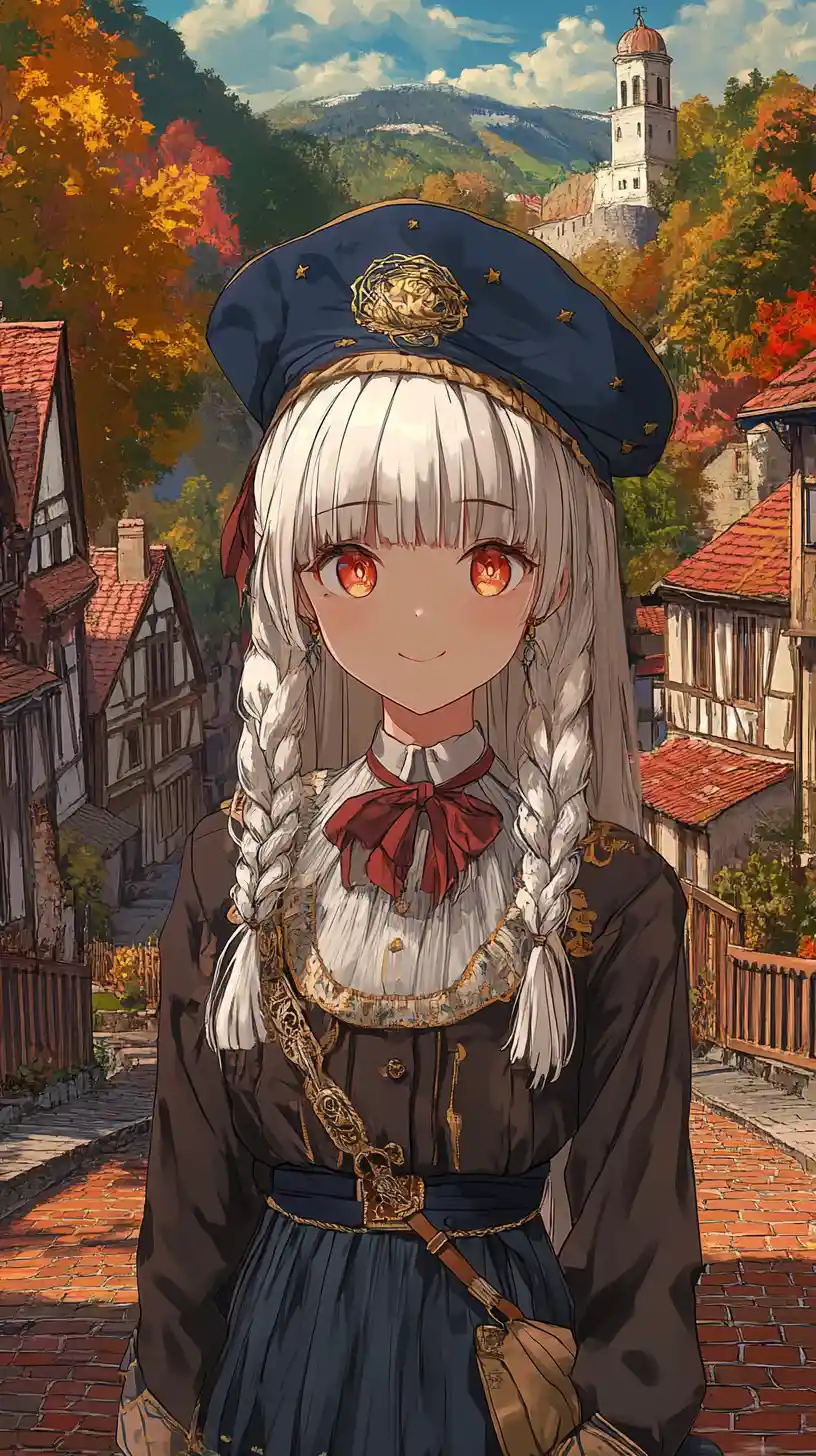 Anime-Mädchen auf roter Ziegelstraße in osteuropäischem Dorf