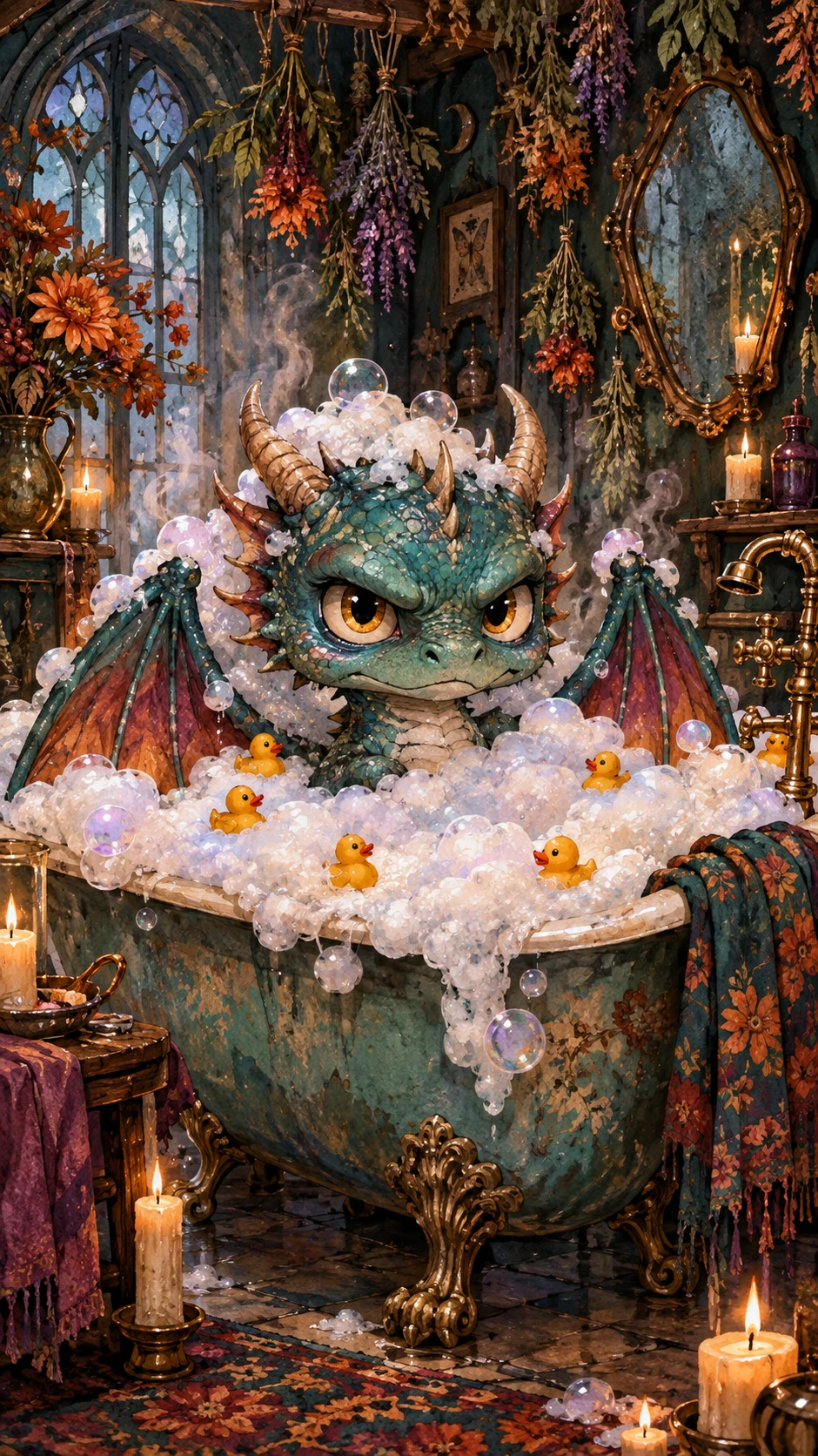 Tiny dragon in a bubble filled antique clawfoot bathtub