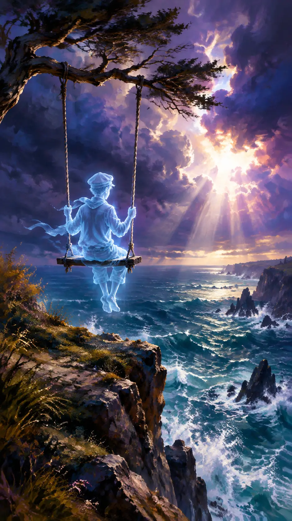 Ghostly child on a lonely swing above stormy sea