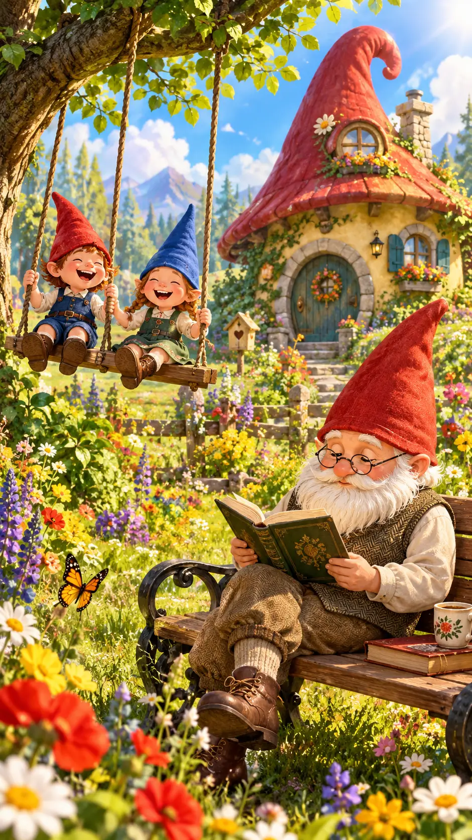 Gnome Grandfather Reading Beside Children Playing In Meadow
