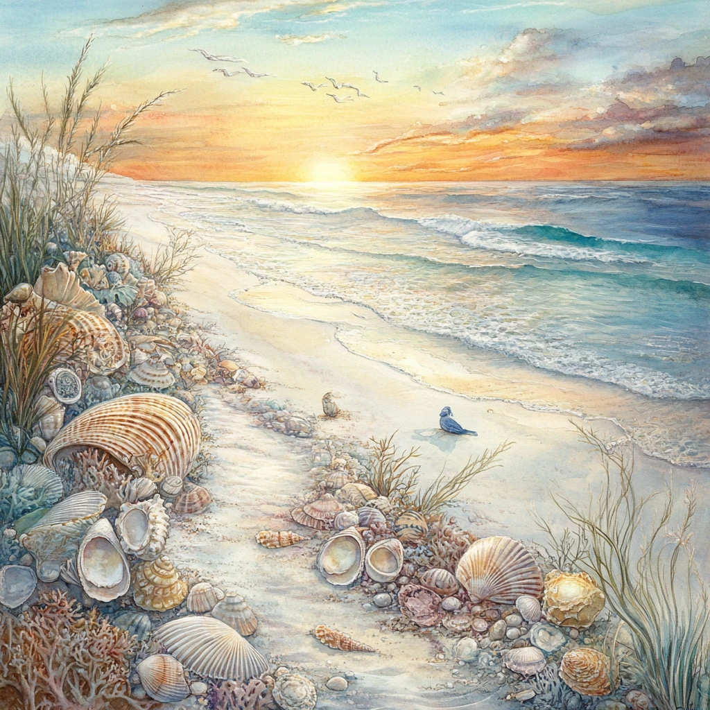 Dreamy Seashell Beach Retreat At Ocean Sunset