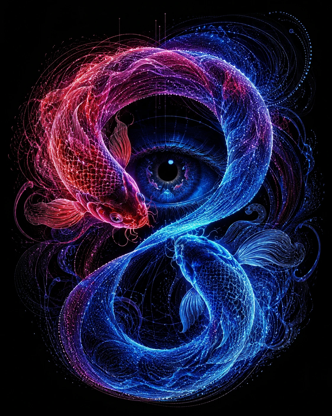 Two luminous koi forming a surreal circular loop